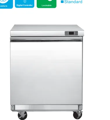 TUC-29R single door undercounter chiller, stainless steel top and castors