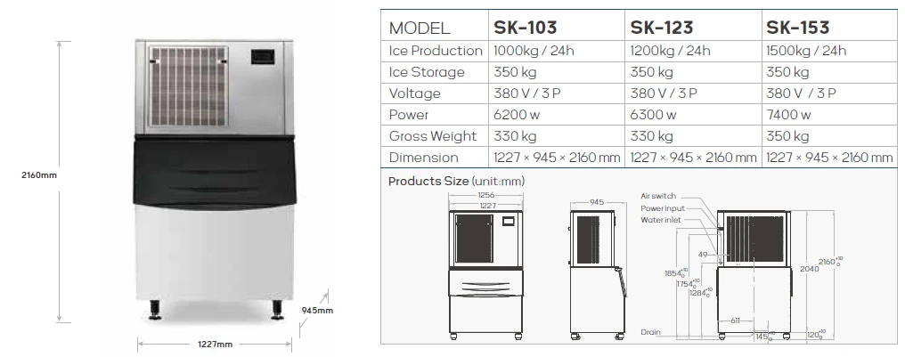 SK-103 / SK-123 / SK-153 dimension drawing and model table
