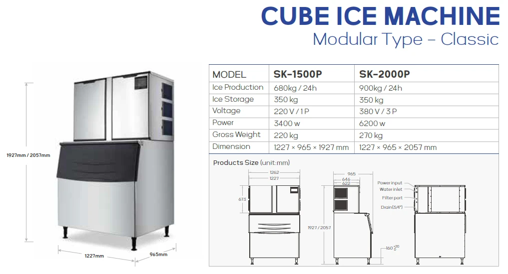 SK-1500P / SK-2000P dimension drawing and model table