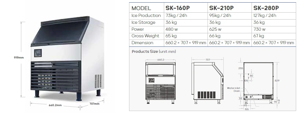 SK-160P / SK-210P / SK-280P dimension drawing and model table
