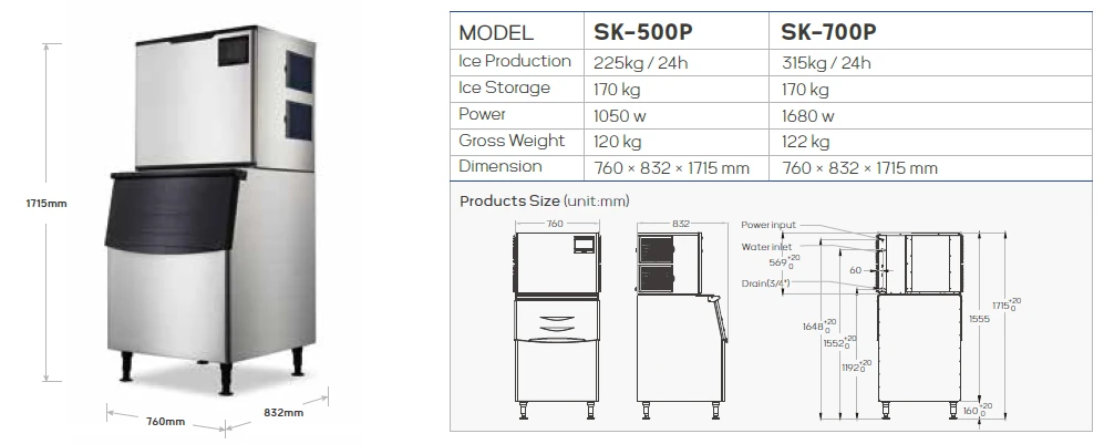 SK-500P / SK-700P dimension drawing and model table