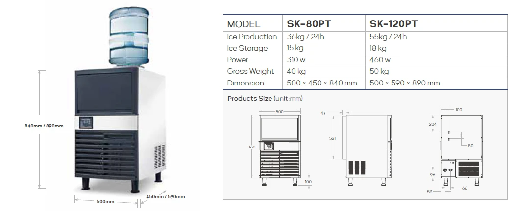 SK-80PT / SK-120PT dimension drawing and model table