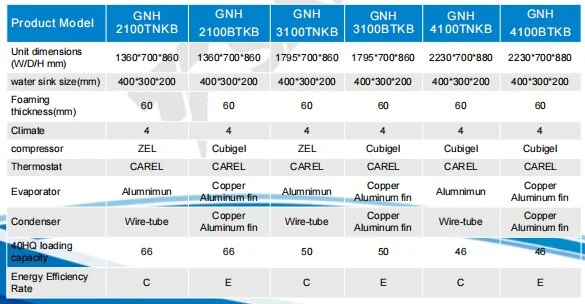 COUNTERS WITH SINK/GNH 2100TNKB technical data table